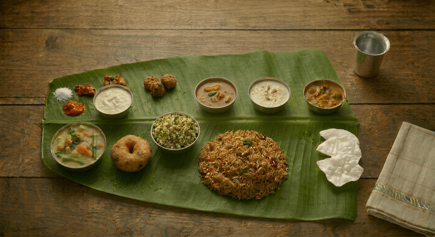 South Indian vegetarian meal with rice, sambar, vegetables, yogurt, and accompaniments on a banana leaf